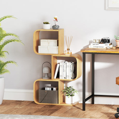 Librería de 3 niveles en forma de S con 3 cubos abiertos para sala de estar - Natural