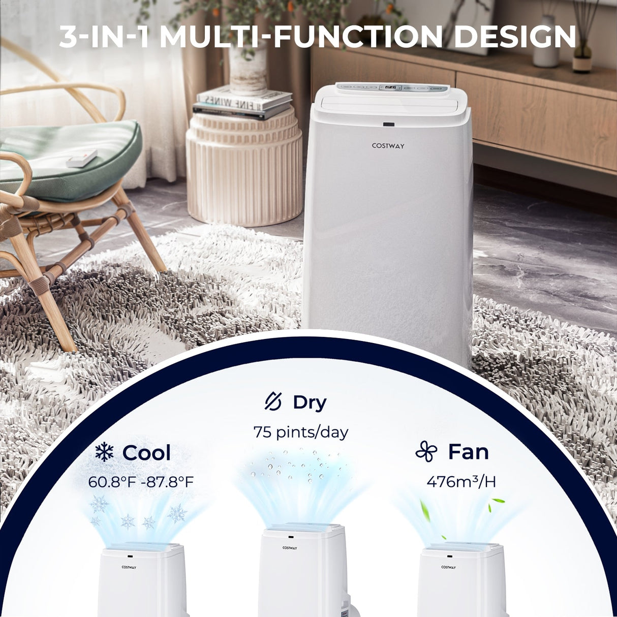Acondicionador de Aire Portátil 3 en 1 de 12000 BTU con Control Remoto - Blanco