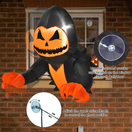 Fantasma con cabeza de calabaza inflable de Halloween de 3.3 pies saliendo de la ventana
