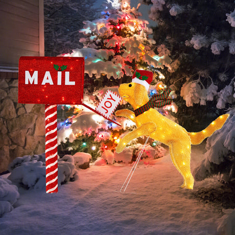 Buzón de Navidad de 3.5 ft con perro y 120 luces LED blancas cálidas