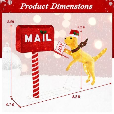 Buzón de Navidad de 3.5 ft con perro y 120 luces LED blancas cálidas
