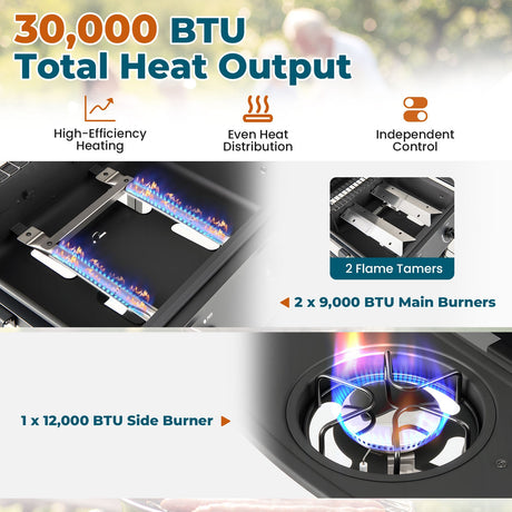 Parrilla de gas propano con quemador exterior de 30 000 BTU sobre ruedas - Negra