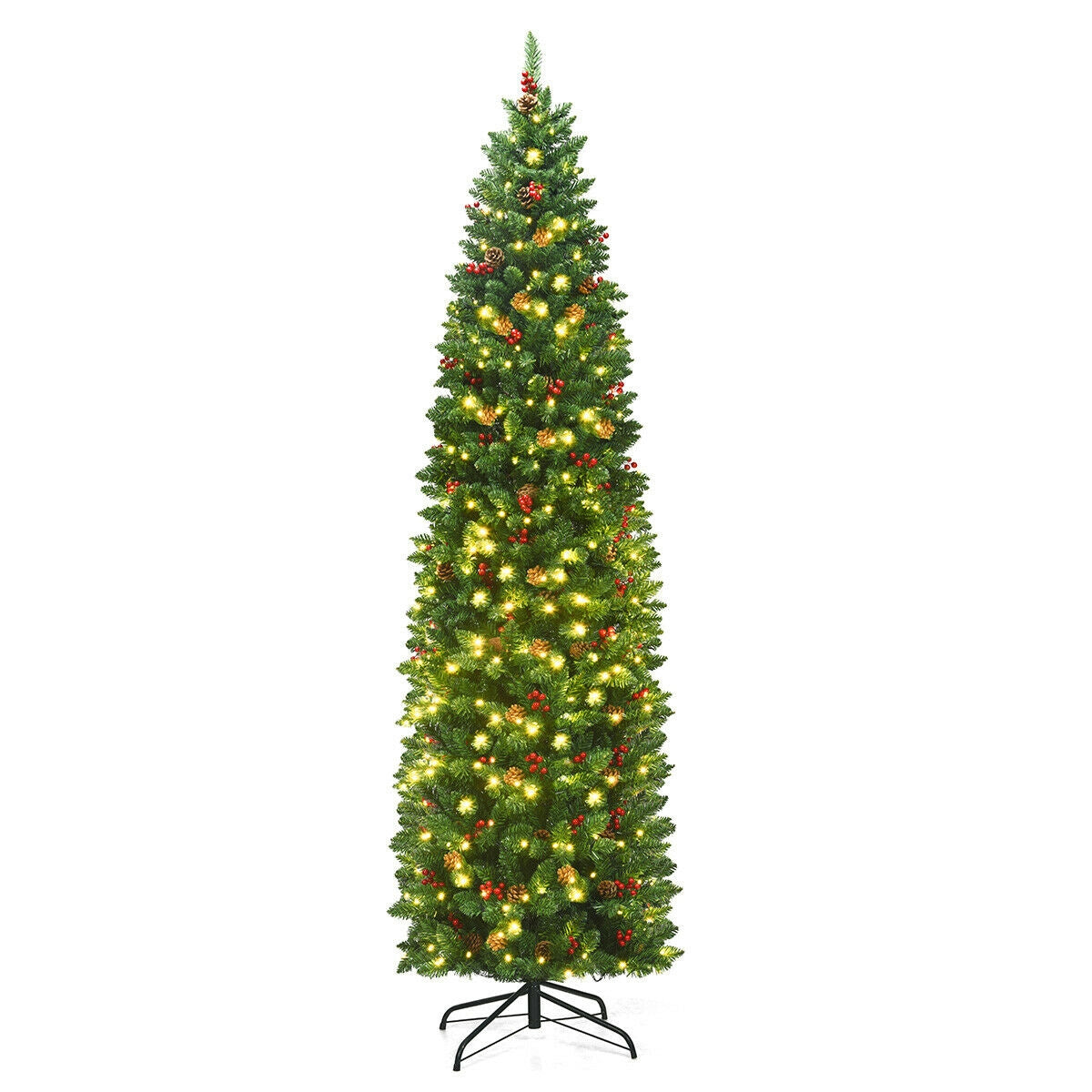 Pino de Navidad delgado con bisagras de 7.5 pies, preiluminado, con piñas y bayas rojas