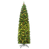 Pino de Navidad delgado con bisagras de 7.5 pies, preiluminado, con piñas y bayas rojas