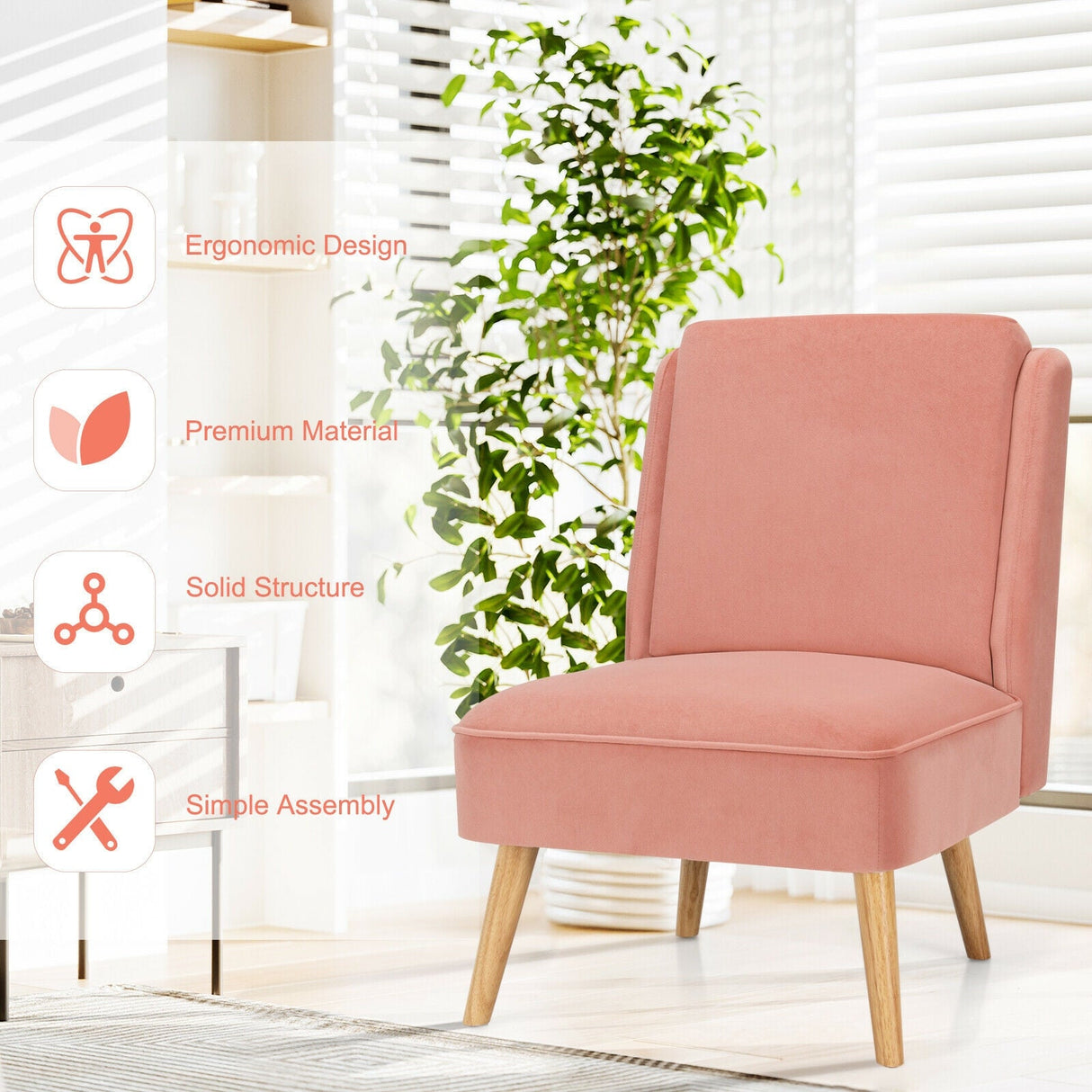 Sillón auxiliar sin brazos de terciopelo con patas de madera de caucho para dormitorio