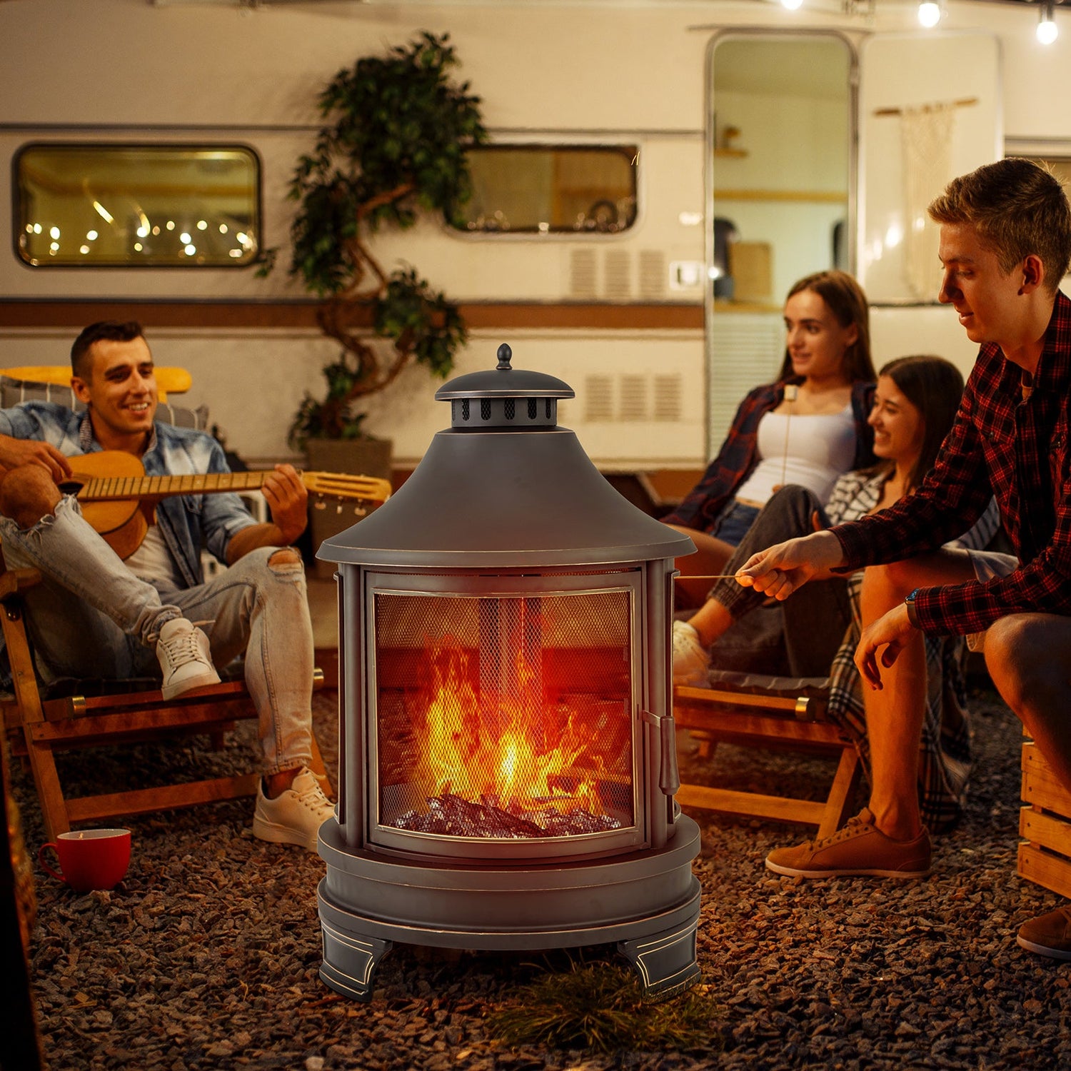 Chimenea de pozo de fuego exterior de 30 pulgadas con parrilla para barbacoa en el jardín