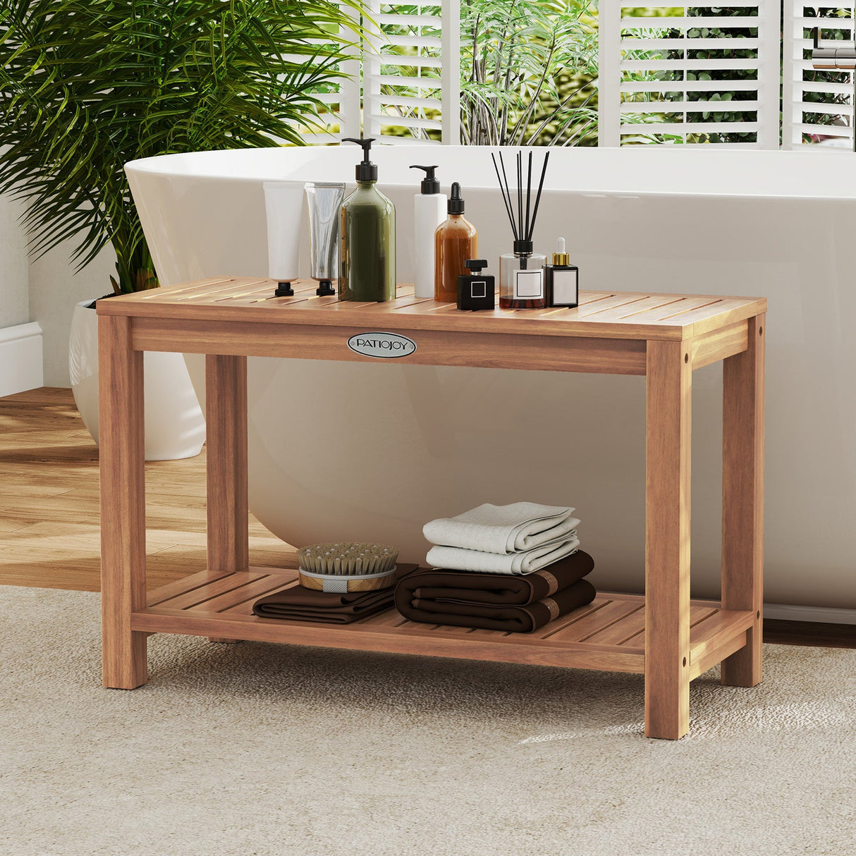 Banco de ducha de madera de teca de 30 pulgadas para interior de ducha con estante de almacenamiento
