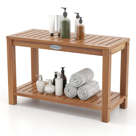 Banco de ducha de madera de teca de 30 pulgadas para interior de ducha con estante de almacenamiento
