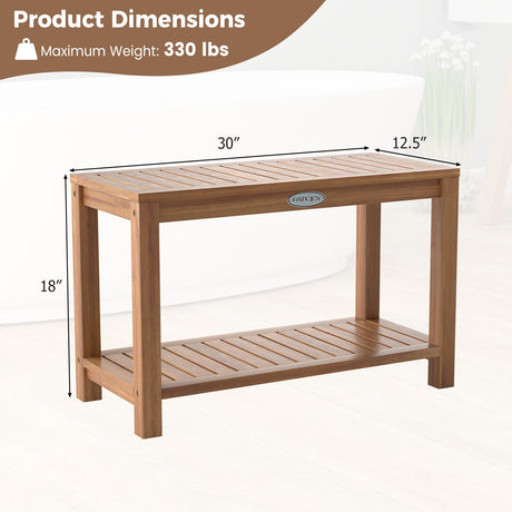 Banco de ducha de madera de teca de 30 pulgadas para interior de ducha con estante de almacenamiento
