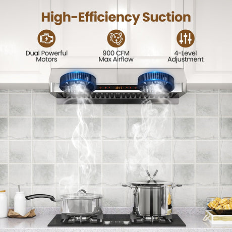 Campana extractora de 30 pulgadas bajo gabinete con recolector de aceite 900 CFM Acero inoxidable Ventilación de cocina-Plateado