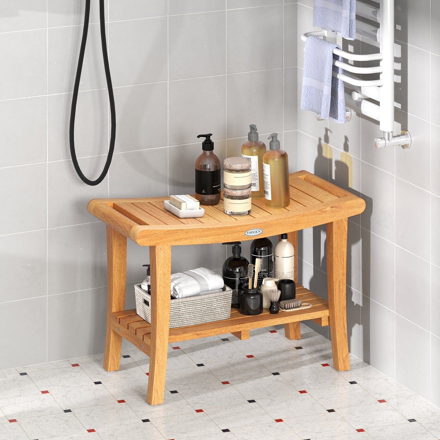 Taburete de ducha grande de teca de 30 pulgadas con estante de almacenamiento y almohadillas antideslizantes