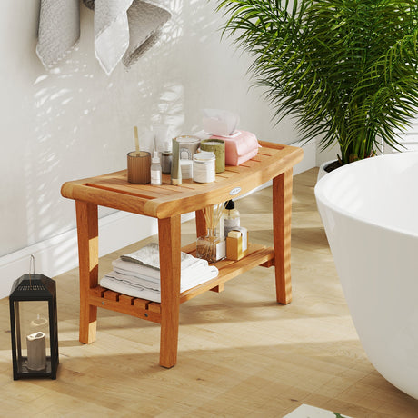 Taburete de ducha grande de teca de 30 pulgadas con estante de almacenamiento y almohadillas antideslizantes