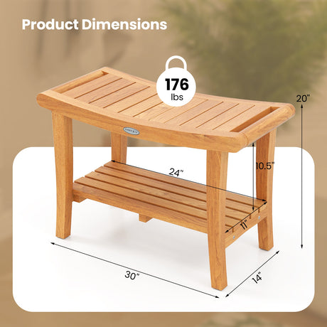 Taburete de ducha grande de teca de 30 pulgadas con estante de almacenamiento y almohadillas antideslizantes