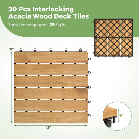 30 baldosas entrelazadas de 30 x 30 cm para terraza de madera de acacia con listones rectos-Natural
