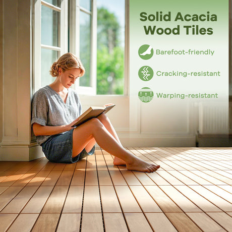 30 baldosas entrelazadas de 30 x 30 cm para terraza de madera de acacia con listones rectos-Natural
