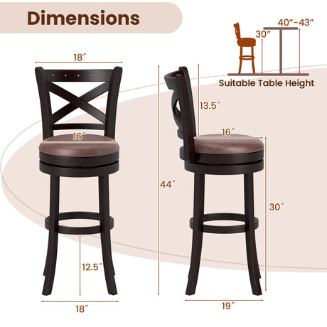 Juego de 2 taburetes de bar giratorios de 26/30 pulgadas con asiento acolchado