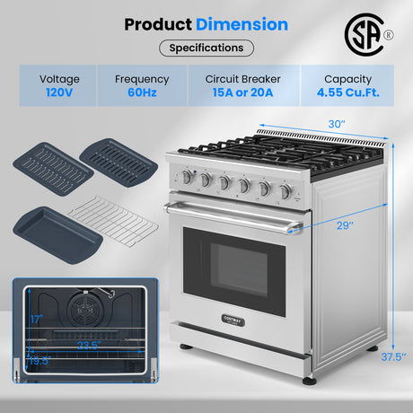 Cocina a gas natural de 30 pulgadas 120 V con encimera de 5 quemadores