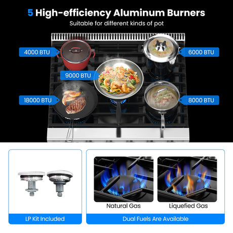 Cocina a gas natural de 30 pulgadas 120 V con encimera de 5 quemadores