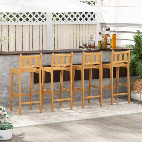 Silla de bar de madera de teca de 30 pulgadas con reposapiés y respaldo para jardín junto a la piscina