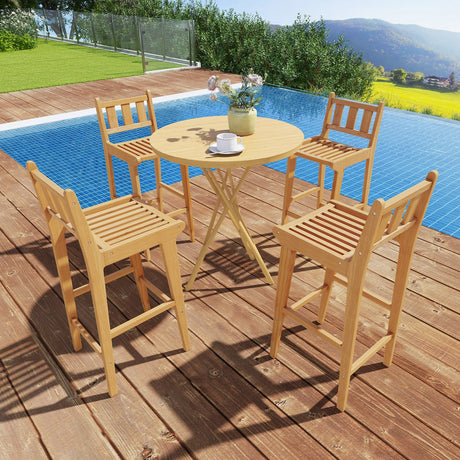 Silla de bar de madera de teca de 30 pulgadas con reposapiés y respaldo para jardín junto a la piscina