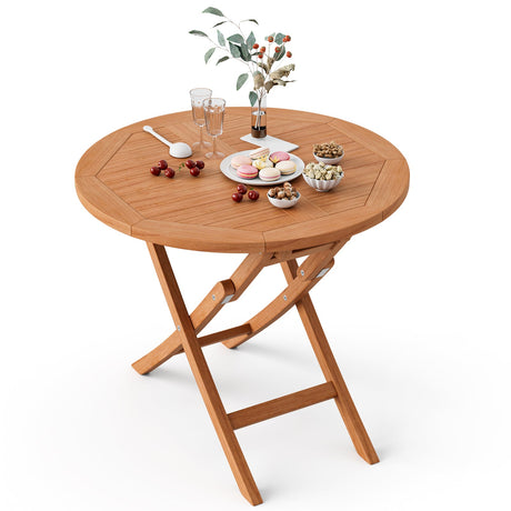 Mesa de café redonda plegable de madera de teca indonesia para patio de 31.5 pulgadas