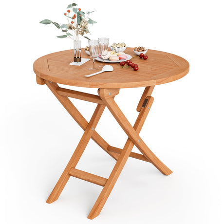 Mesa de café redonda plegable de madera de teca indonesia para patio de 31.5 pulgadas