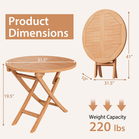 Mesa de café redonda plegable de madera de teca indonesia para patio de 31.5 pulgadas