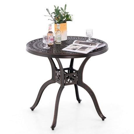Mesa redonda de patio de aluminio fundido de 31.5 pulgadas con agujero para sombrilla - Cobre