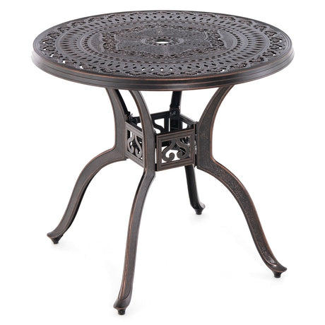 Mesa redonda de patio de aluminio fundido de 31.5 pulgadas con agujero para sombrilla - Cobre
