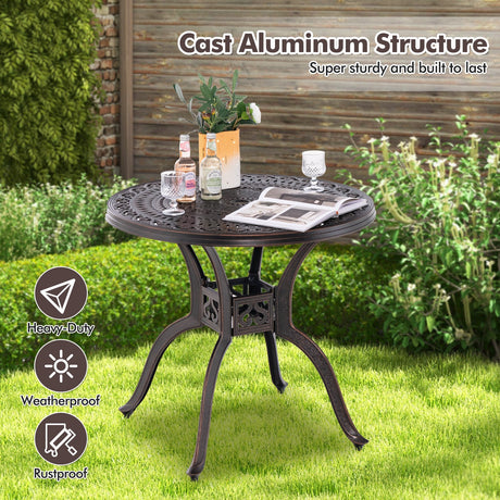 Mesa redonda de patio de aluminio fundido de 31.5 pulgadas con agujero para sombrilla - Cobre