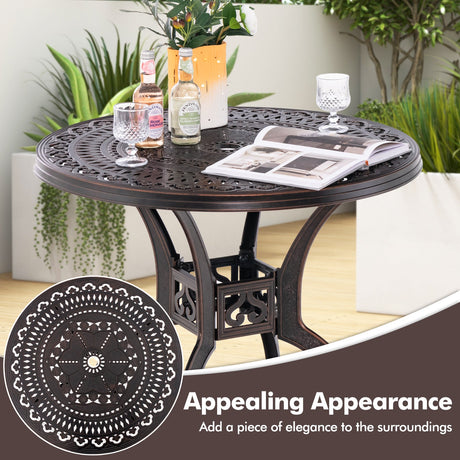 Mesa redonda de patio de aluminio fundido de 31.5 pulgadas con agujero para sombrilla - Cobre