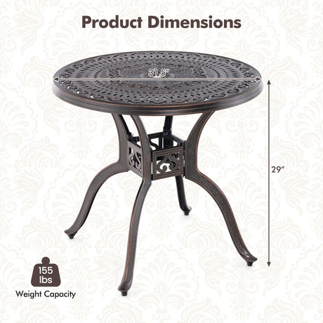 Mesa redonda de patio de aluminio fundido de 31.5 pulgadas con agujero para sombrilla - Cobre