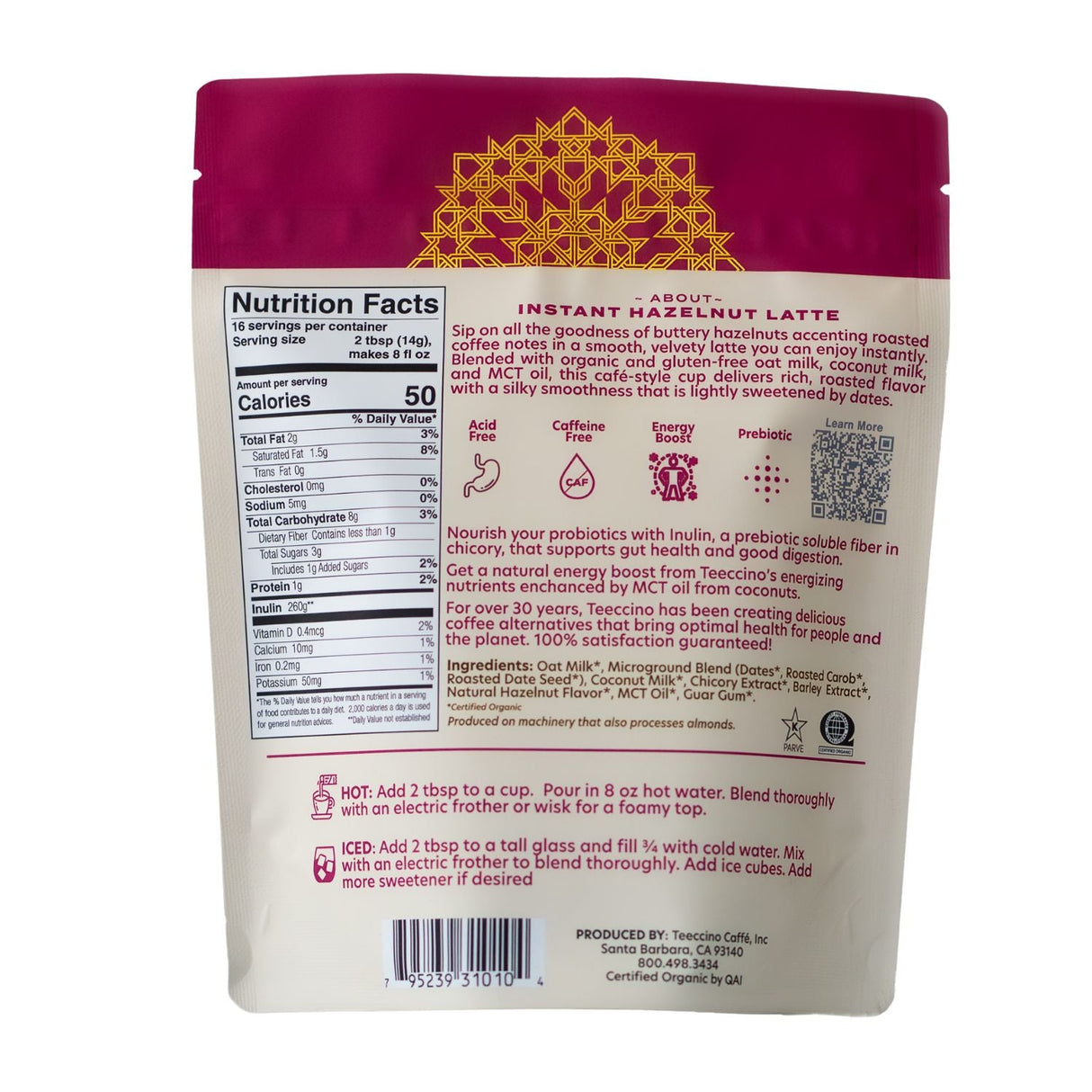 Café con leche herbal instantáneo de avellana
