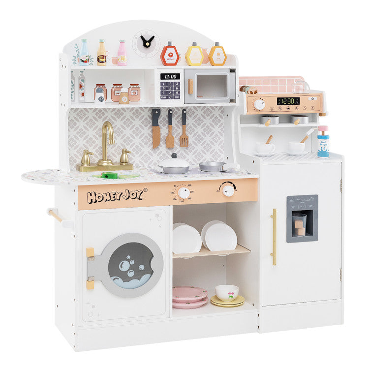 Muebles infantiles 3 en 1: Juego de mesa y sillas infantiles + Estantería + Juegos de cocina infantiles blancos