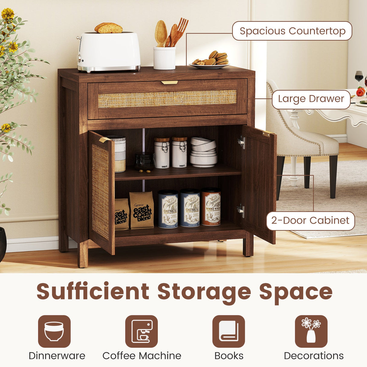 Mueble aparador con puertas de ratán y cajón - Marrón