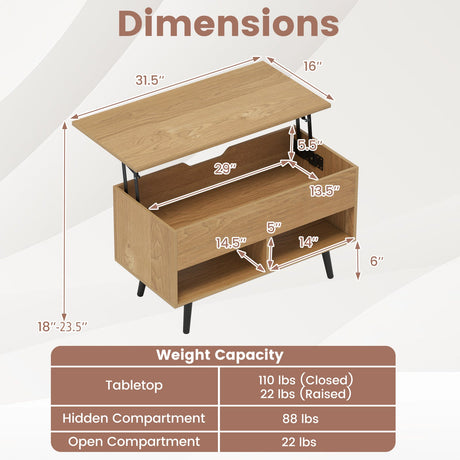 Mesa de centro elevable de 31.5 pulgadas con almacenamiento oculto y 2 estantes abiertos
