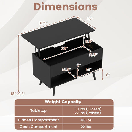 Mesa de centro elevable de 31.5 pulgadas con almacenamiento oculto y 2 estantes abiertos