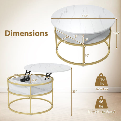 Mesa de centro redonda elevable de 31.5 pulgadas con compartimento oculto y estantes laterales