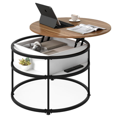 Mesa de centro redonda elevable de 31.5 pulgadas con compartimento oculto y estantes laterales