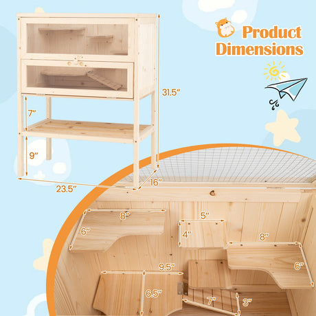 Jaula para hámster de 31.5 pulgadas independiente, hábitat de madera para hámster, corralito - Natural