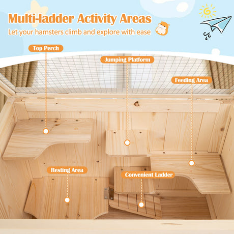 Jaula para hámster de 31.5 pulgadas independiente, hábitat de madera para hámster, corralito - Natural