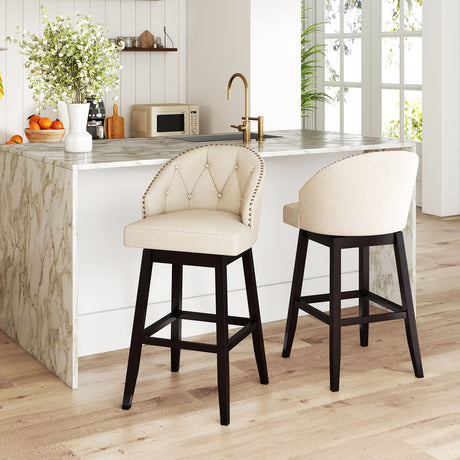 Juego de 4 taburetes de bar de 31 pulgadas con asiento giratorio acolchado y estructura de madera de caucho - Beige