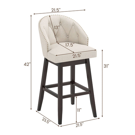 Juego de 4 taburetes de bar de 31 pulgadas con asiento giratorio acolchado y estructura de madera de caucho - Beige