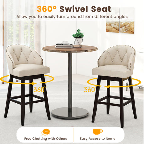 Juego de 4 taburetes de bar de 31 pulgadas con asiento giratorio acolchado y estructura de madera de caucho - Beige