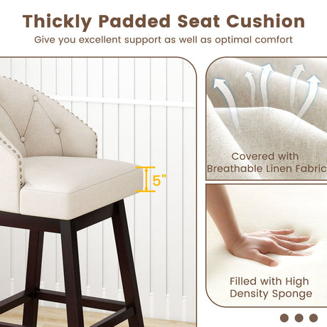 Juego de 4 taburetes de bar de 31 pulgadas con asiento giratorio acolchado y estructura de madera de caucho - Beige