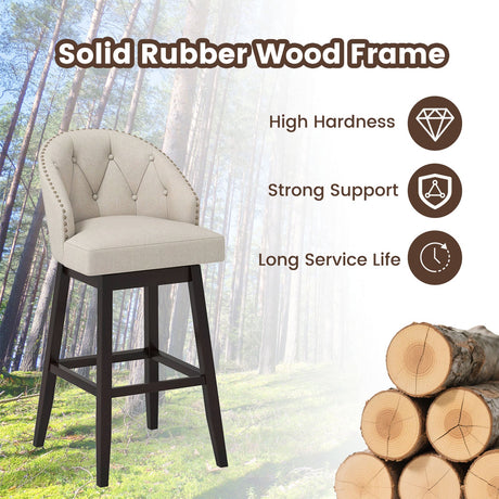 Juego de 4 taburetes de bar de 31 pulgadas con asiento giratorio acolchado y estructura de madera de caucho - Beige