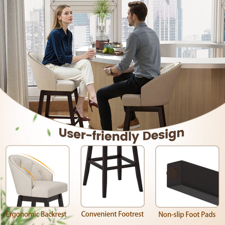 Juego de 4 taburetes de bar de 31 pulgadas con asiento giratorio acolchado y estructura de madera de caucho - Beige