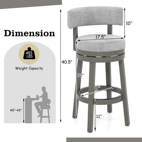 Taburete de bar giratorio de 27/31 pulgadas con asiento trasero tapizado y reposapiés