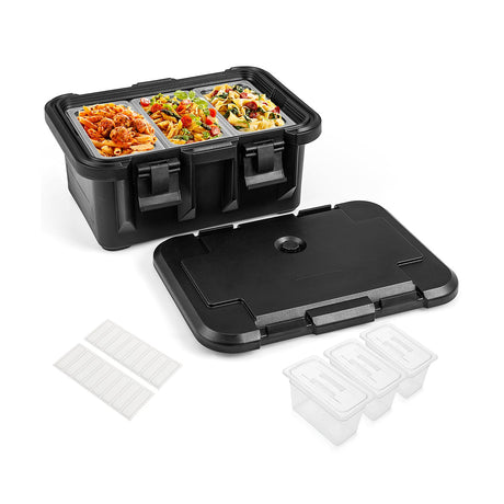 Envase de 31 QT para alimentos aislado con 3 recipientes transparentes de un tercio con tapas - Negro