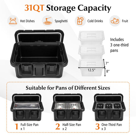 Envase de 31 QT para alimentos aislado con 3 recipientes transparentes de un tercio con tapas - Negro